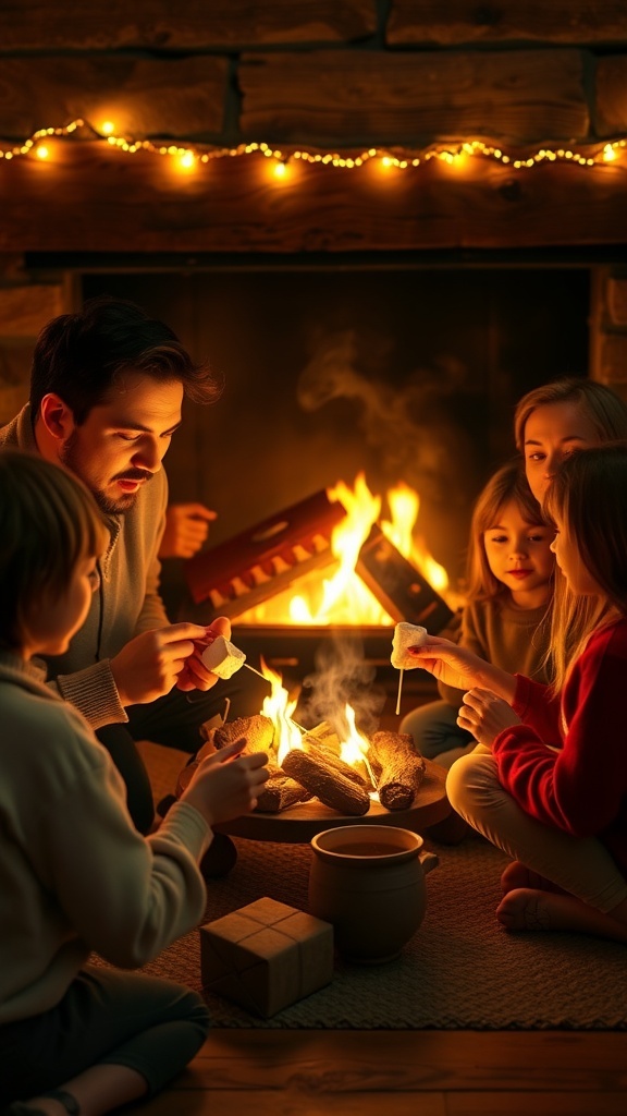 A family gathering around a fireplace, roasting marshmallows for s'mores.