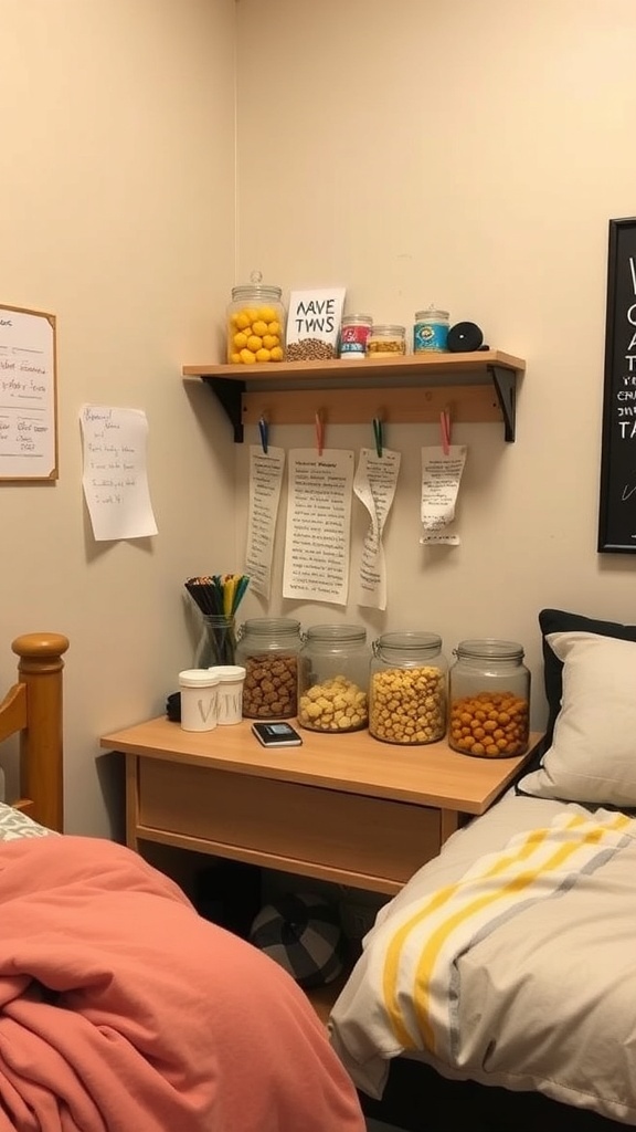 A cozy snack station setup in a dorm room with jars of snacks on a shelf and a desk below.