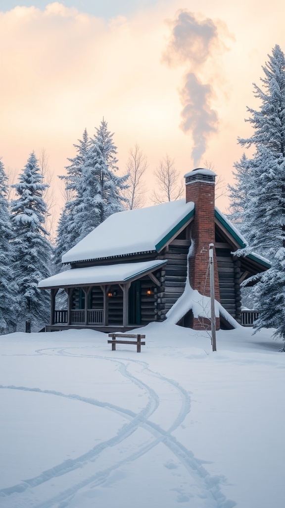 A cozy snow-covered cabin surrounded by trees in winter.