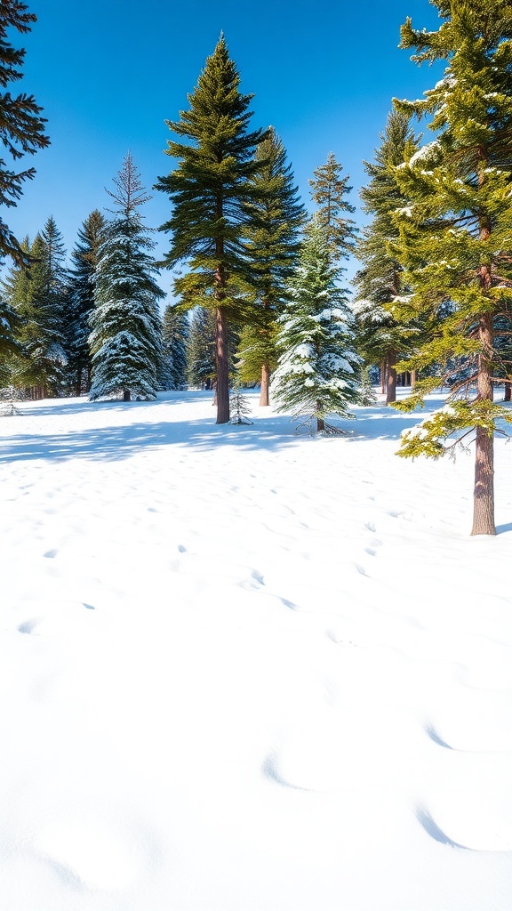 A snowy landscape with evergreen trees under a clear blue sky.