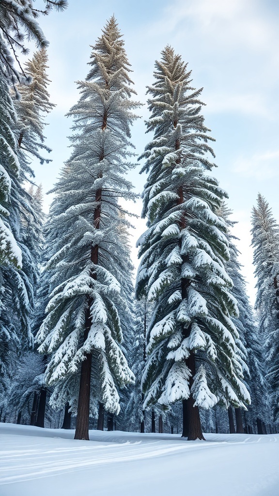 Tall pine trees covered in snow against a clear sky.
