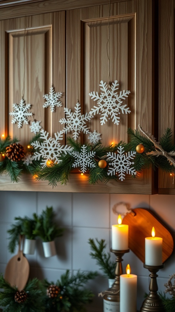 Decorative snowflake cutouts and garlands on kitchen cabinets
