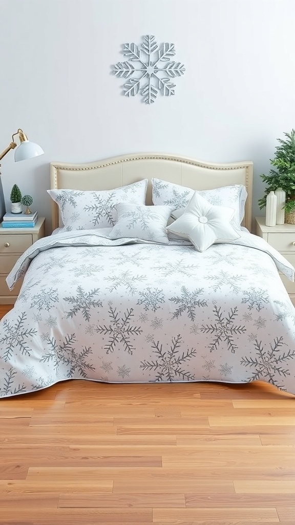 A cozy bedroom featuring a snowflake patterned comforter on the bed, with decorative pillows and a snowflake wall art.