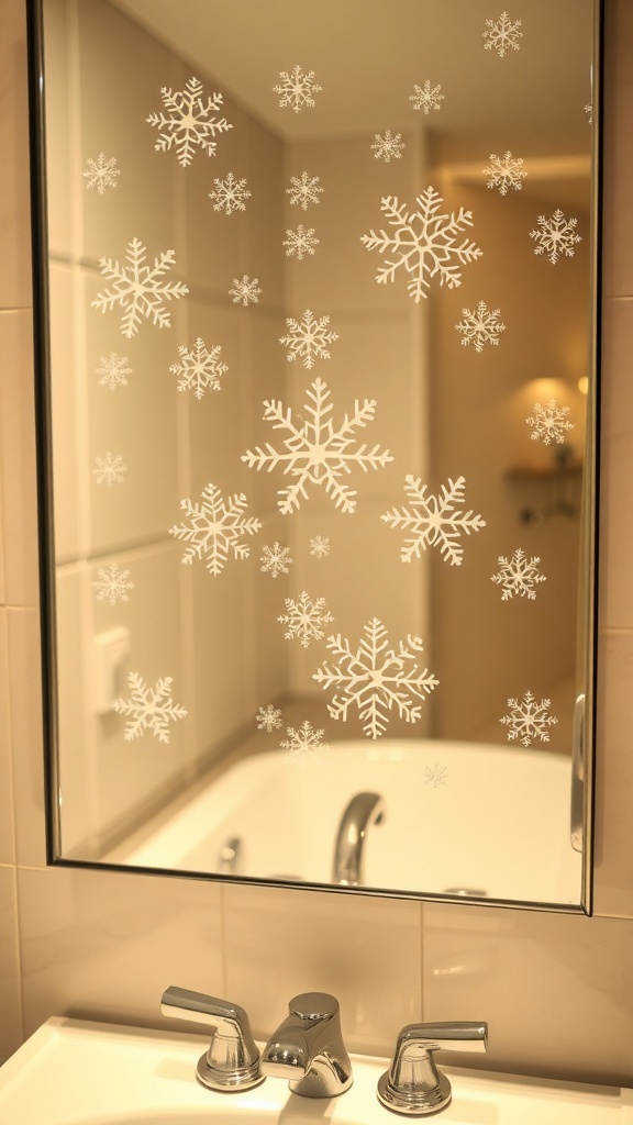 A bathroom mirror decorated with white snowflake stickers.