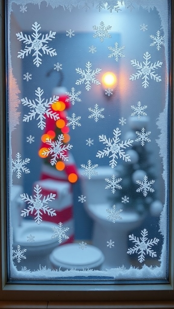 A bathroom window decorated with snowflake clings, creating a festive atmosphere.