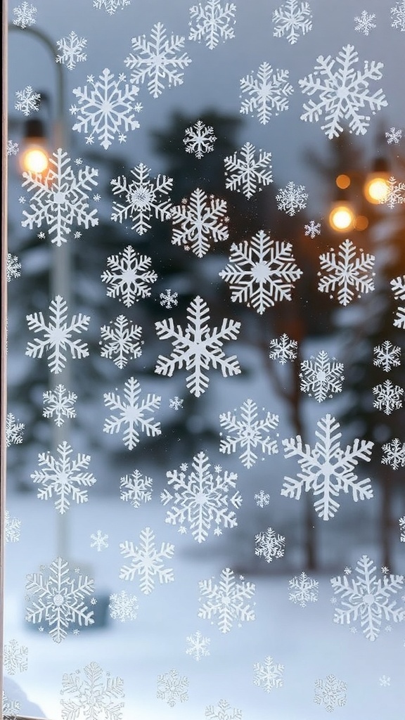 A window covered with various snowflake clings against a snowy background.