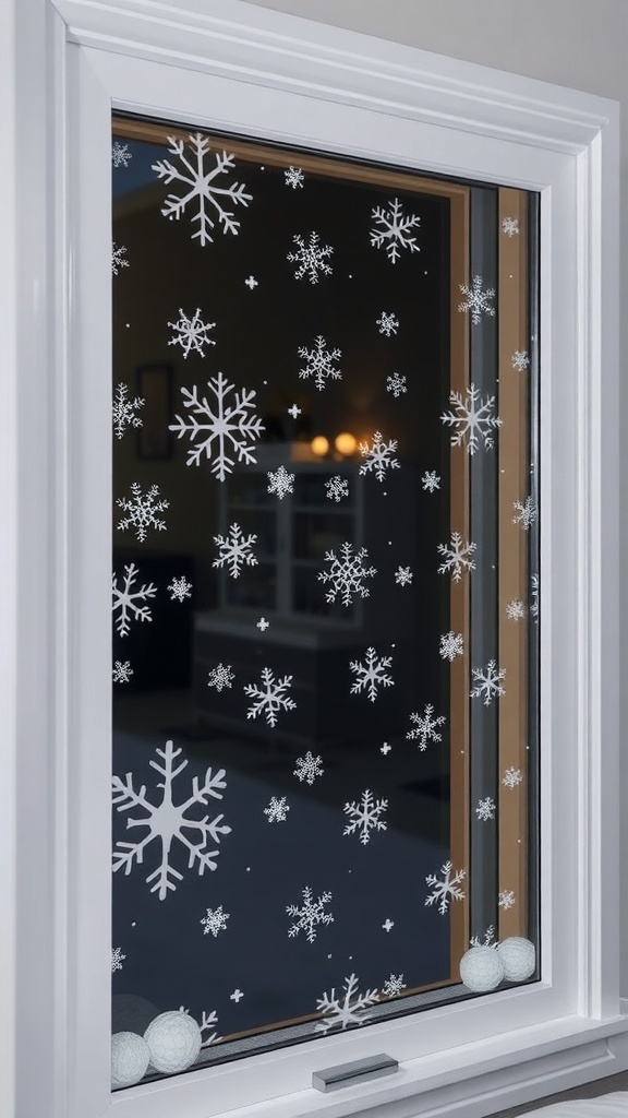 A window decorated with white snowflake clings.