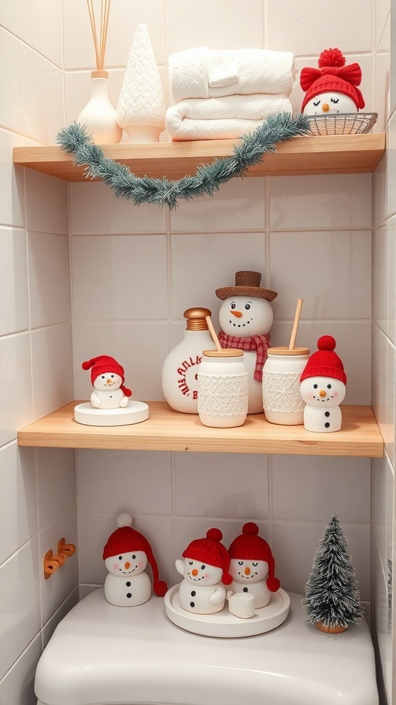 A collection of snowman-themed bathroom accessories on wooden shelves.