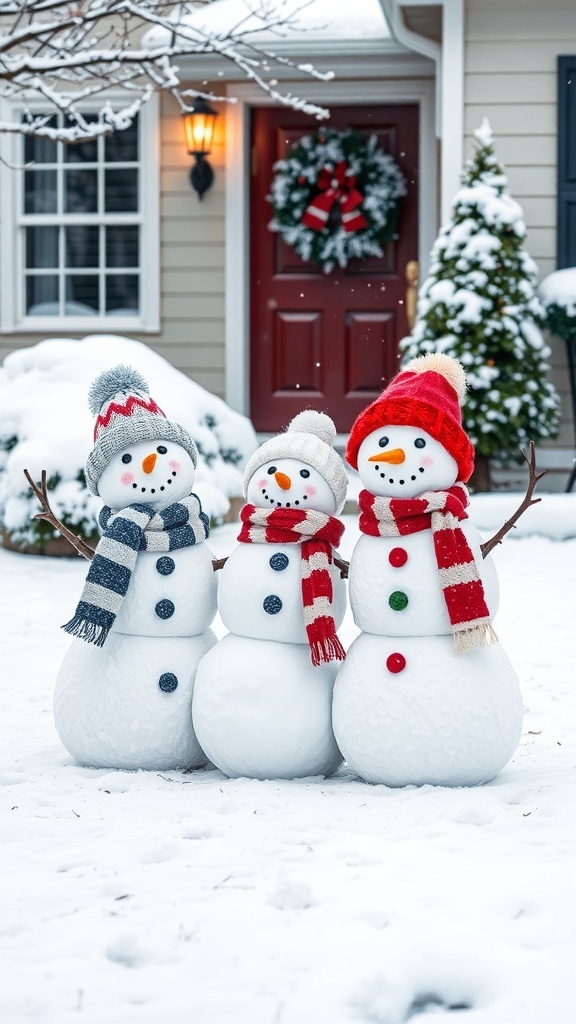 A cheerful snowman family display with three snowmen wearing colorful hats and scarves in a snowy yard.