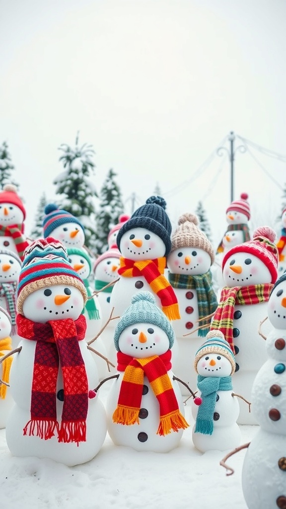 A cheerful display of snowmen wearing colorful scarves and hats in a snowy outdoor setting.