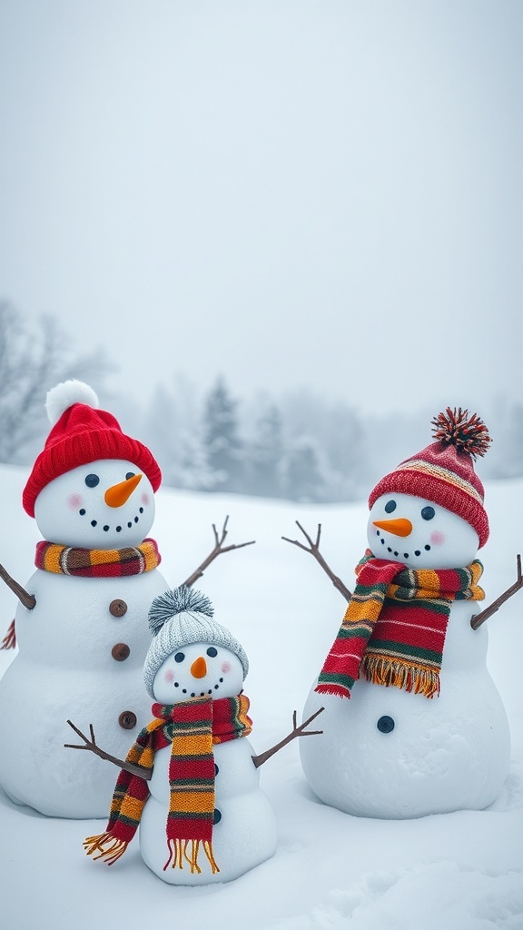 A family of three snowmen wearing colorful scarves and hats in a snowy yard.