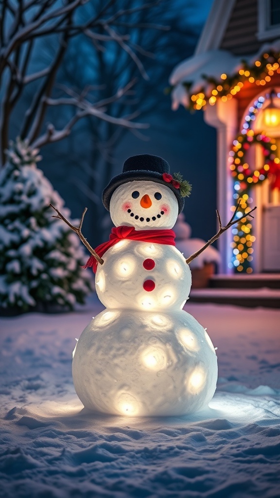 A snowman decorated with LED lights, wearing a hat and scarf, in a snowy yard.