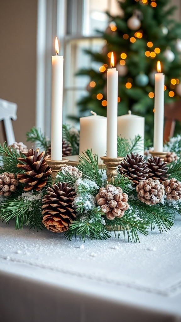 A snowy centerpiece featuring pinecones and candles on a table.