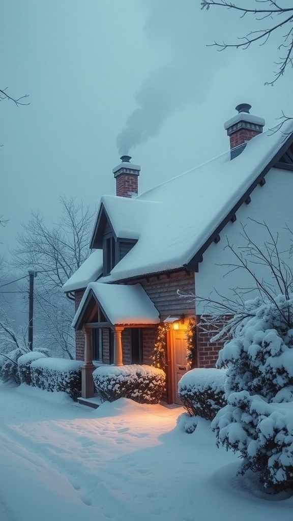 A snowy cottage with warm light glowing from the door and smoke rising from the chimney.
