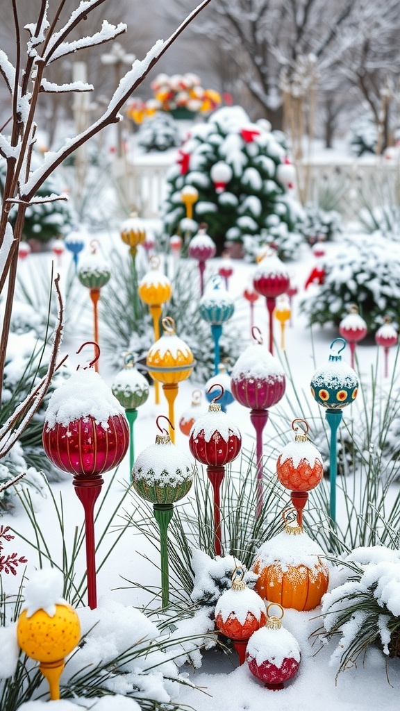 Colorful garden ornaments covered in snow, creating a vibrant winter scene.