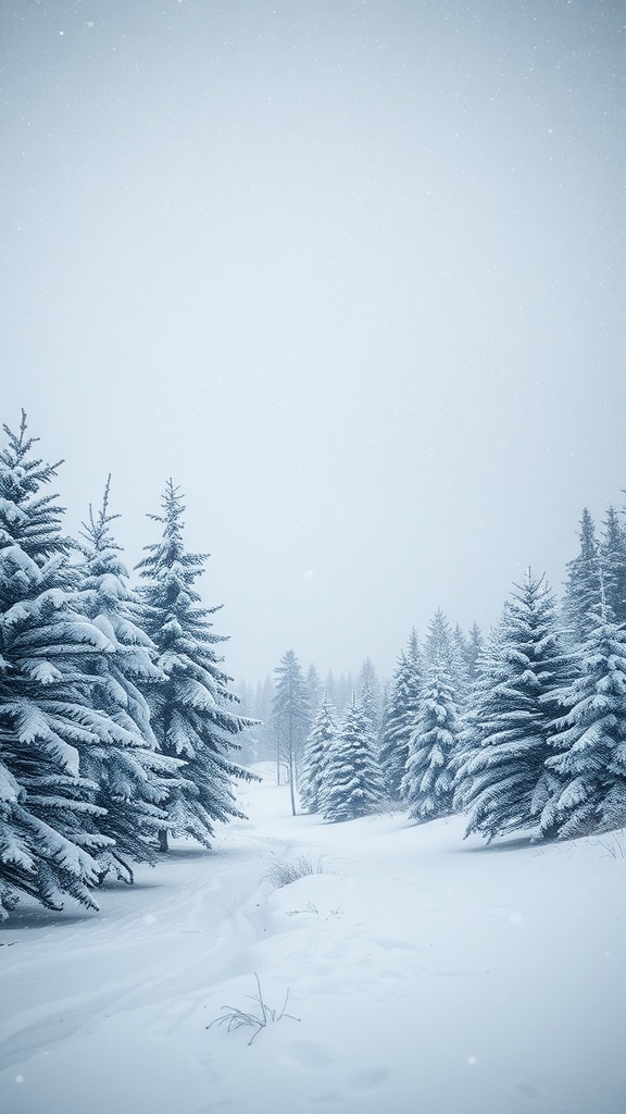 Snowy landscape with tall trees covered in snow