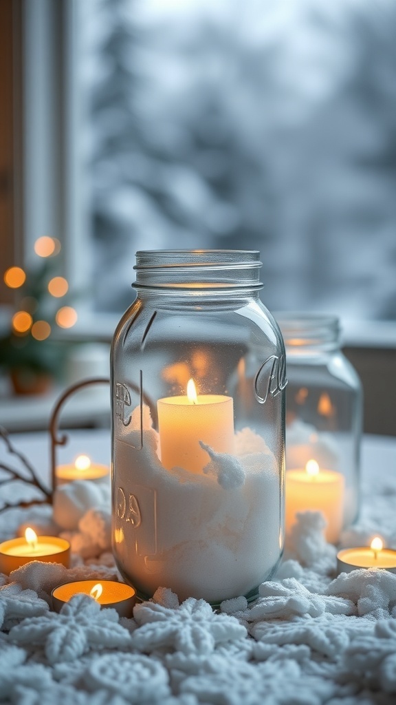 Mason jar lanterns filled with faux snow and candles, creating a warm winter centerpiece.