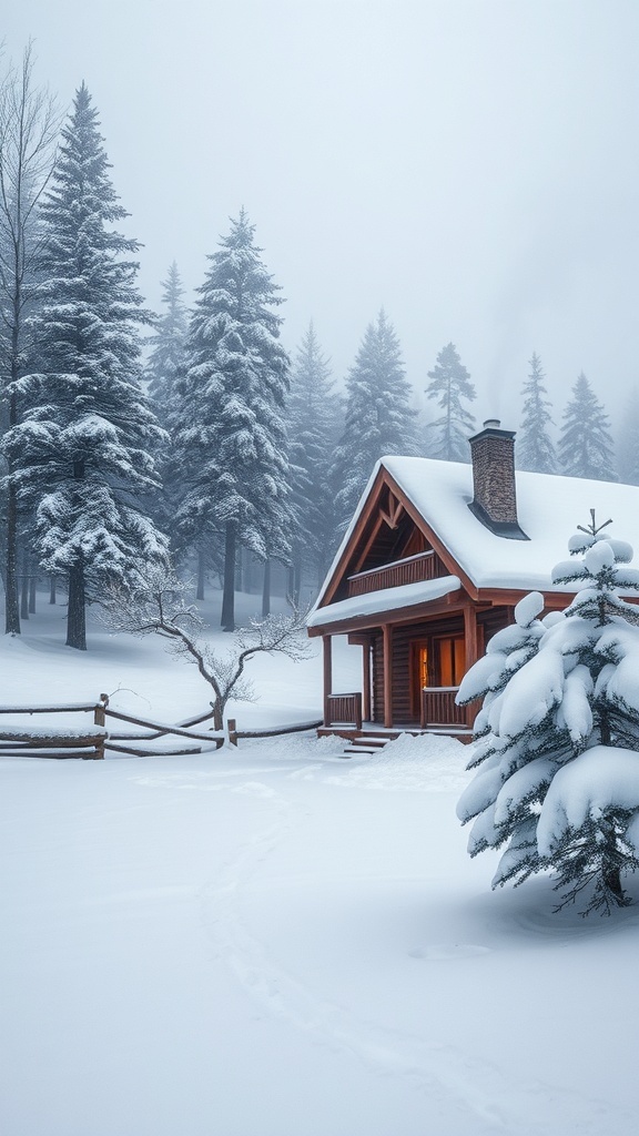 A cozy cabin in a snowy landscape with trees and a soft glow from the windows.