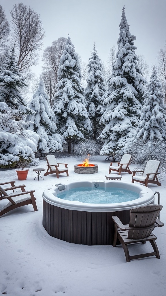 A snowy outdoor retreat featuring a hot tub, fire pit, and wooden chairs surrounded by snow-covered trees.
