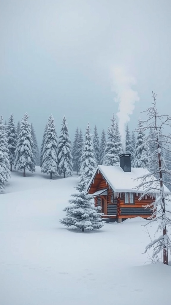 A cozy cabin surrounded by snow-covered trees in a winter landscape.