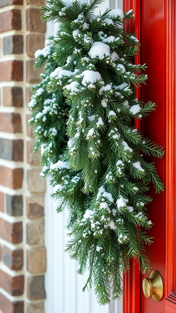 A front door decorated with snowy pine garland and a matching wreath.