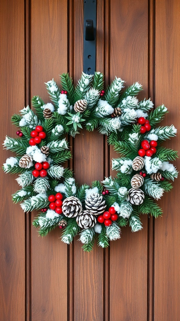 A snowy pine wreath with red berries and pinecones on a wooden door.