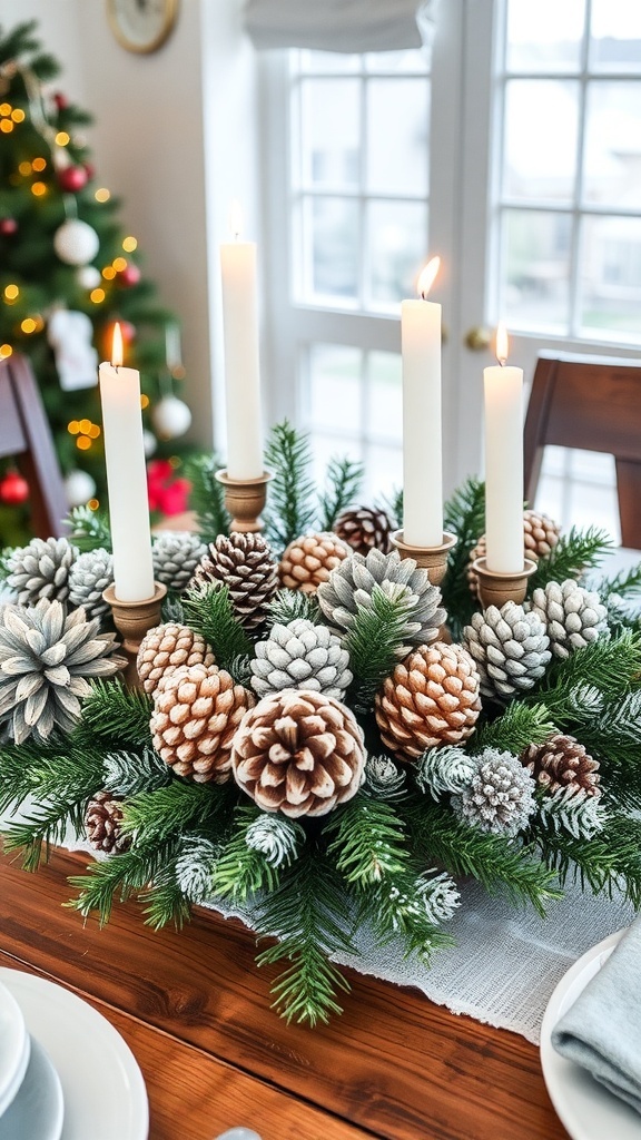 A beautiful winter centerpiece featuring snowy pinecones and candles.