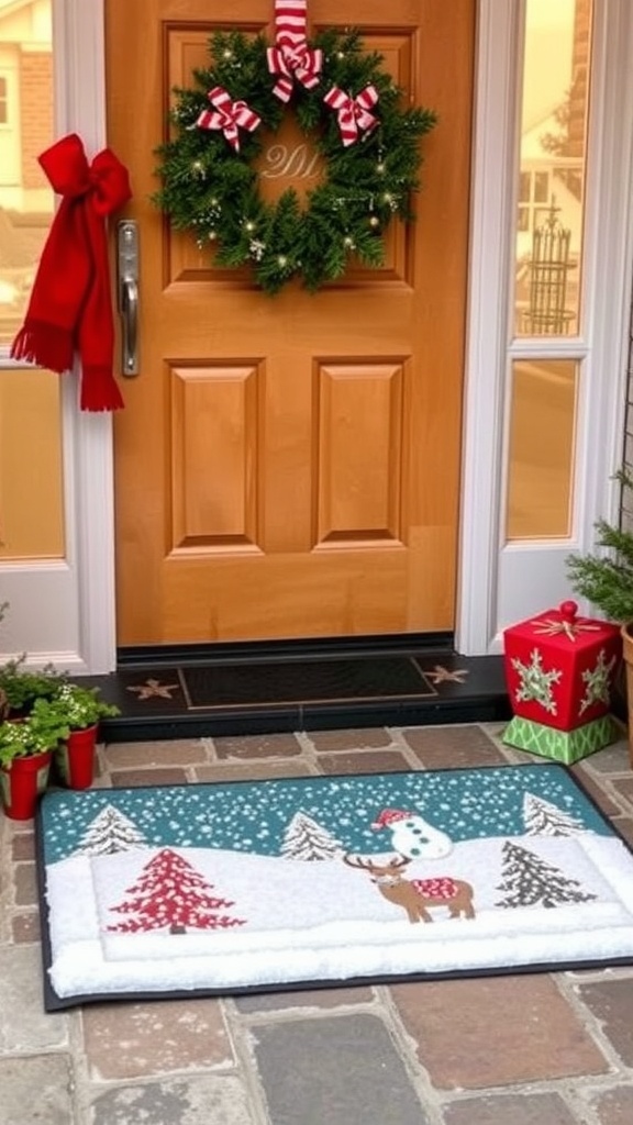 A festive door mat with snowflakes and a personalized name, surrounded by holiday decorations.