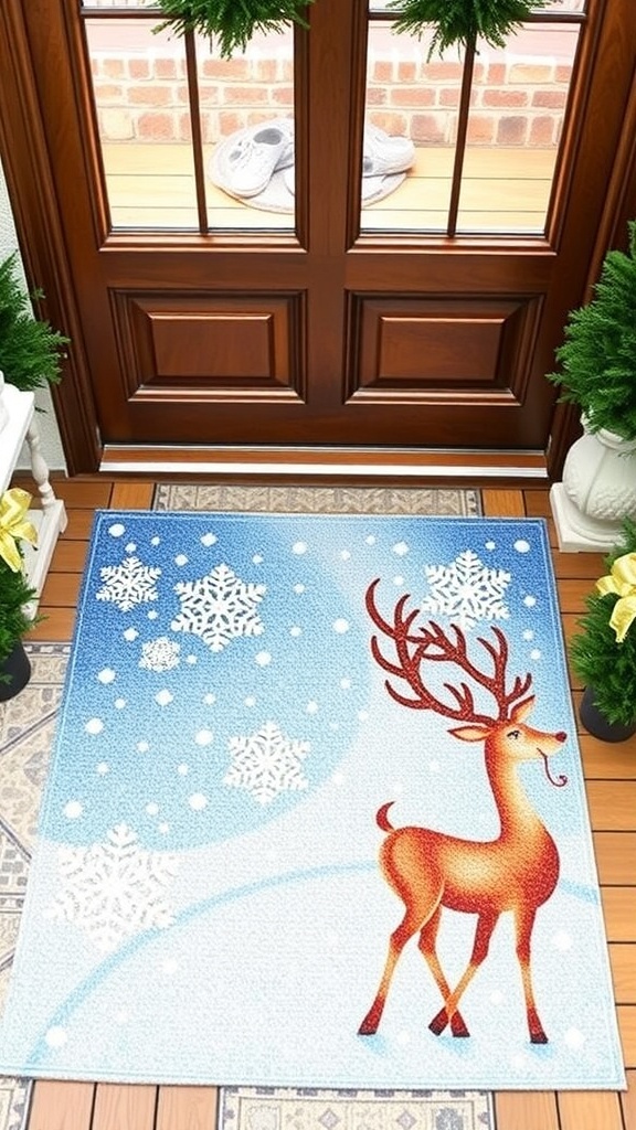 A door with a wreath and a snowy scene door mat featuring a reindeer and the word 'Chrinets'.