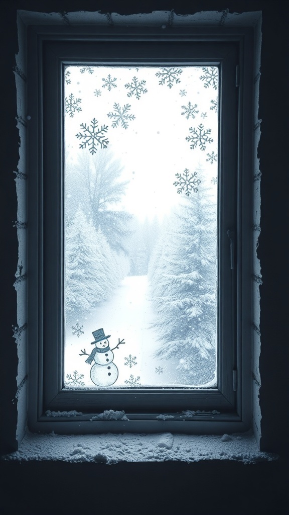 A window decorated with snowflake clings and a snowman, showcasing a snowy outdoor scene.
