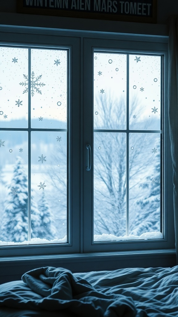 A cozy bedroom window decorated with snowflake designs, showing a snowy landscape outside.