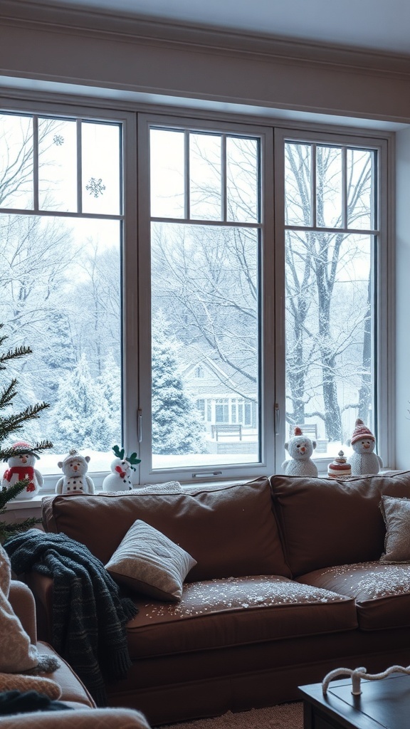 A cozy living room with snowy scene window decorations, featuring snowmen and snowflakes.