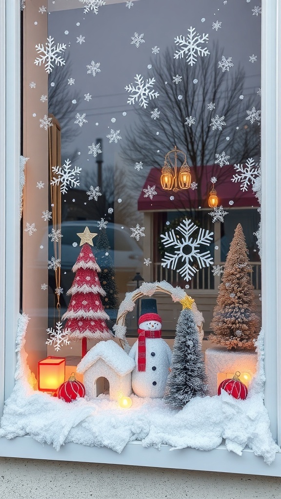 A snowy window display featuring snowflakes, evergreen trees, and a decorative sign.