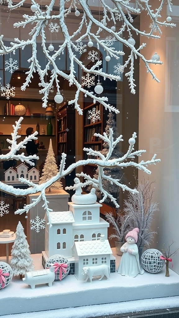 A winter-themed window display featuring white decorations, snowflakes, and a charming figure.