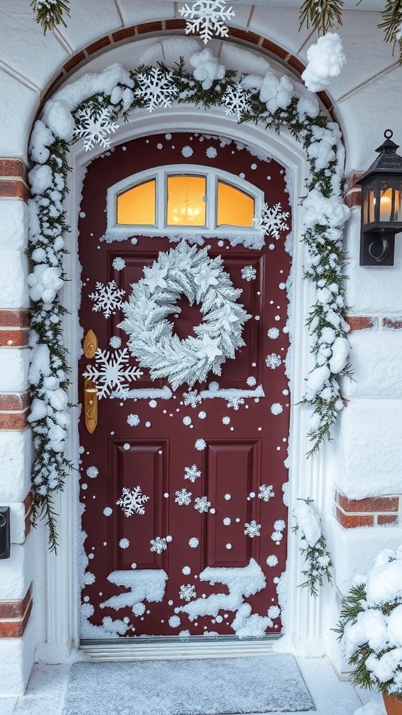 A front door decorated with artificial snow, a wreath, and snowflakes.