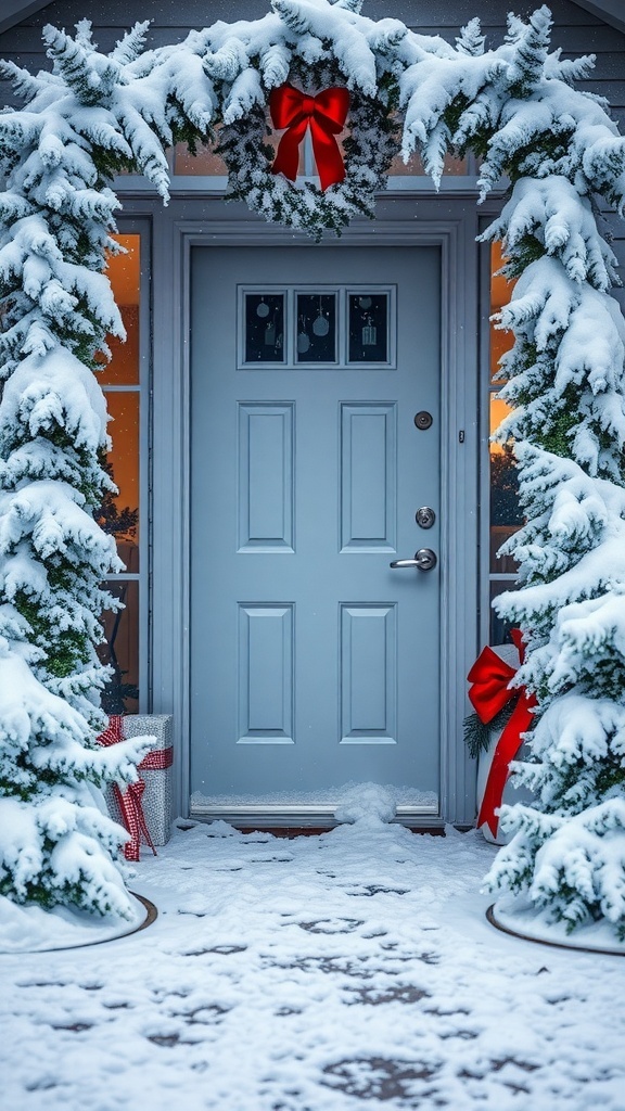 A front door decorated with a snowy wreath and red bows, surrounded by snow-covered evergreens.