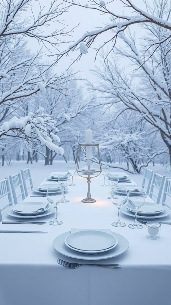 A beautifully set table in a snowy outdoor setting with white tablecloth, plates, and glasses.