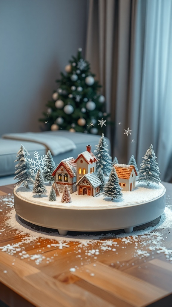 A snowy village centerpiece with miniature houses and trees on a coffee table, surrounded by faux snow.