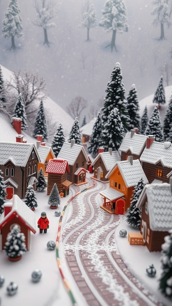 A charming snowy village display with miniature houses and trees.