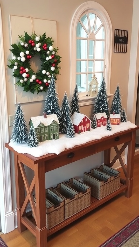 A snowy village scene on a wooden entryway table with miniature houses and trees.