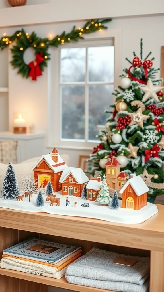 A cozy snowy village scene with miniature houses and trees, perfect for Christmas decor.