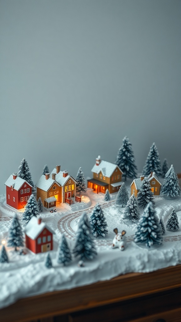 A miniature snowy village with colorful houses and pine trees.