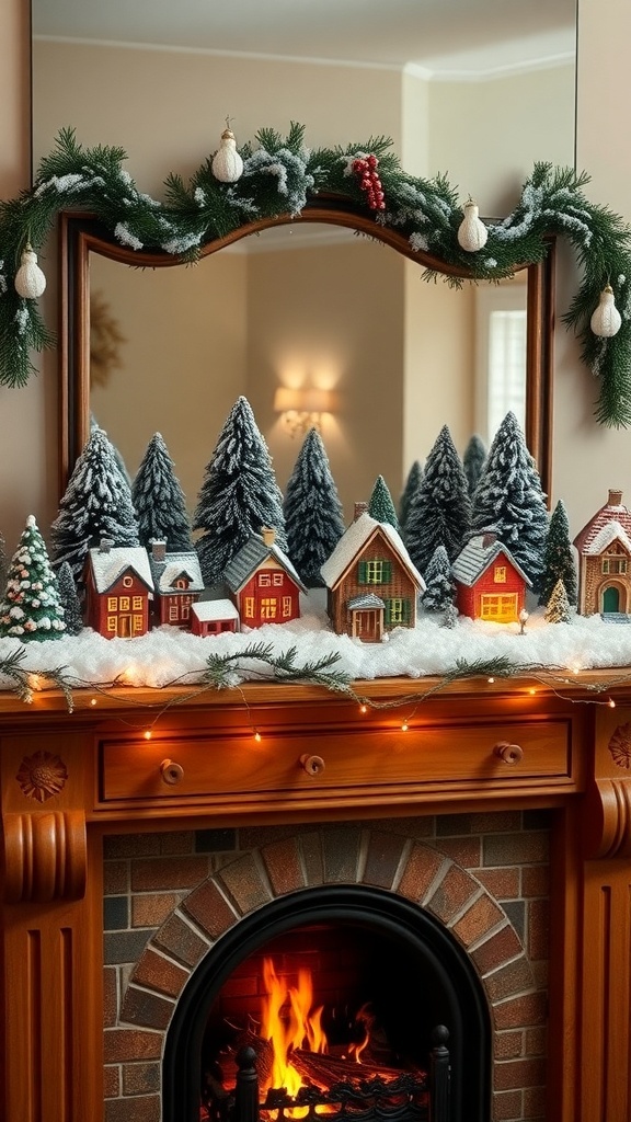 A snowy village scene on a fireplace mantle with miniature houses and trees.
