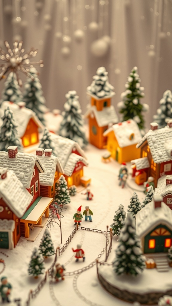 A charming snowy village scene with colorful houses, trees, and small figures.