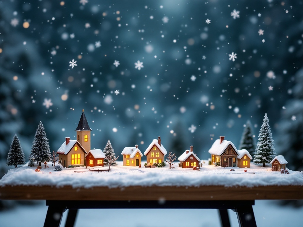 A snowy village scene with miniature houses and trees, glowing warmly against a snowy backdrop.