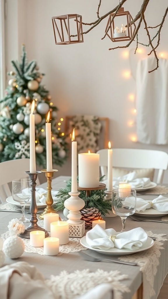 A beautifully decorated winter table with white candles, napkins, and a festive touch.
