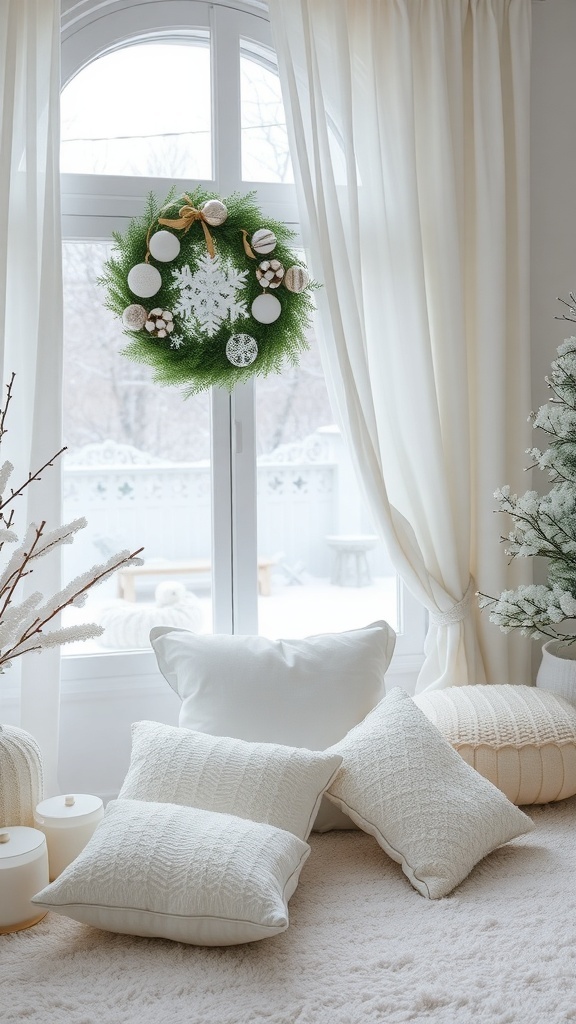 Cozy winter decor with white pillows, a wreath, and soft textures.