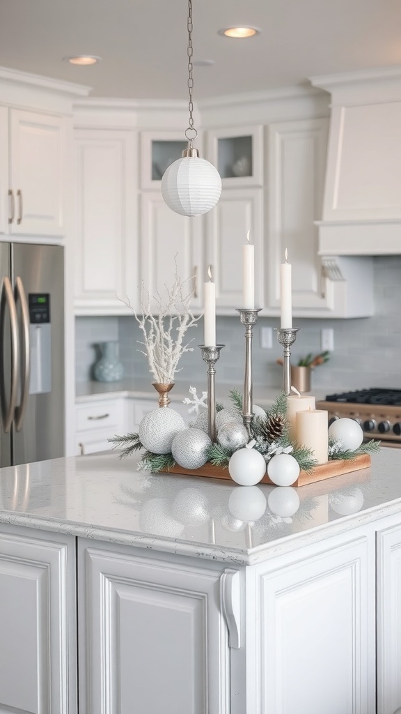 A beautifully decorated kitchen island with snowy white and silver decor, featuring candles and ornaments.