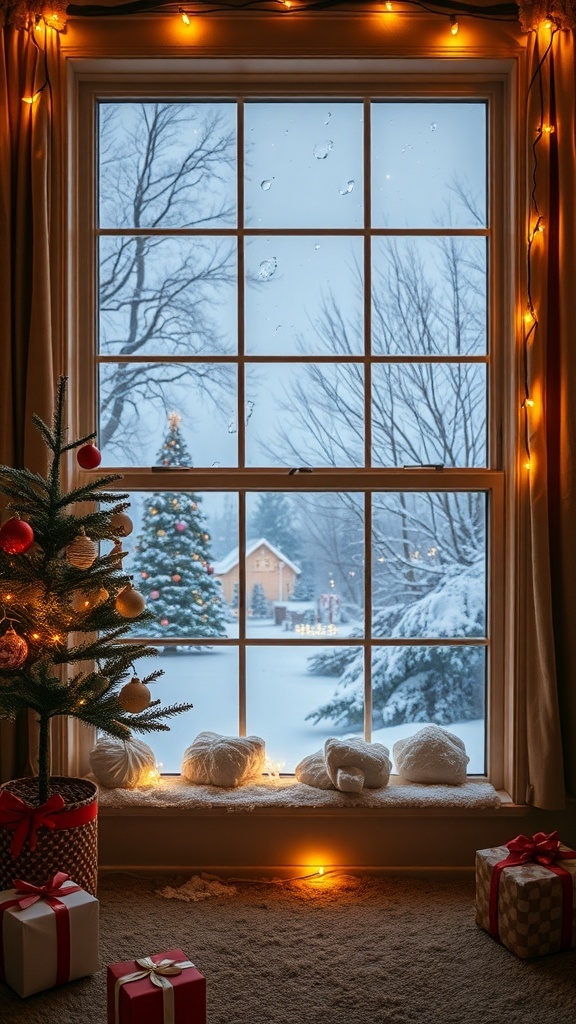 A cozy living room window decorated for Christmas with lights, a tree, and snowy scenery outside.