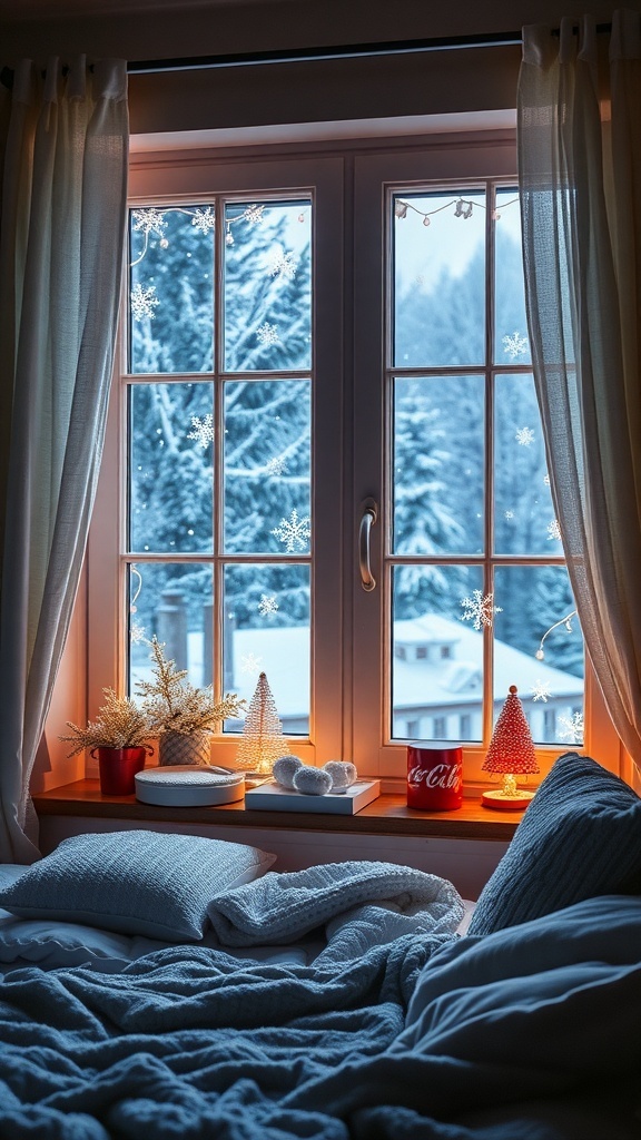 A window with snowflakes and a snowy landscape outside.
